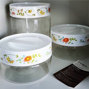 Vintage 1979 Pyrex Wildflower 3pc Canister Set